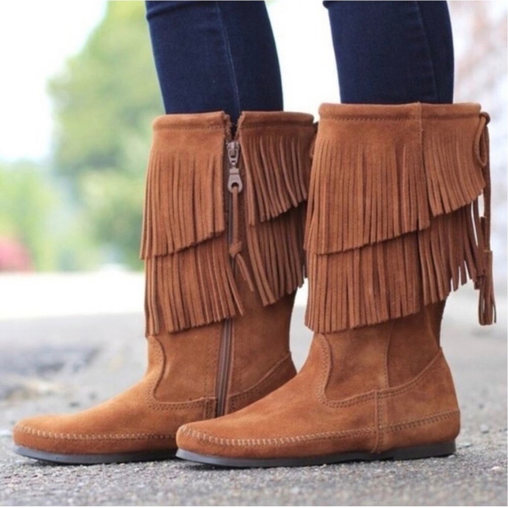 Minnetonka Brown Suede 3-Layer Fringe Moccasin Boots Womens 9 Festival Hippie